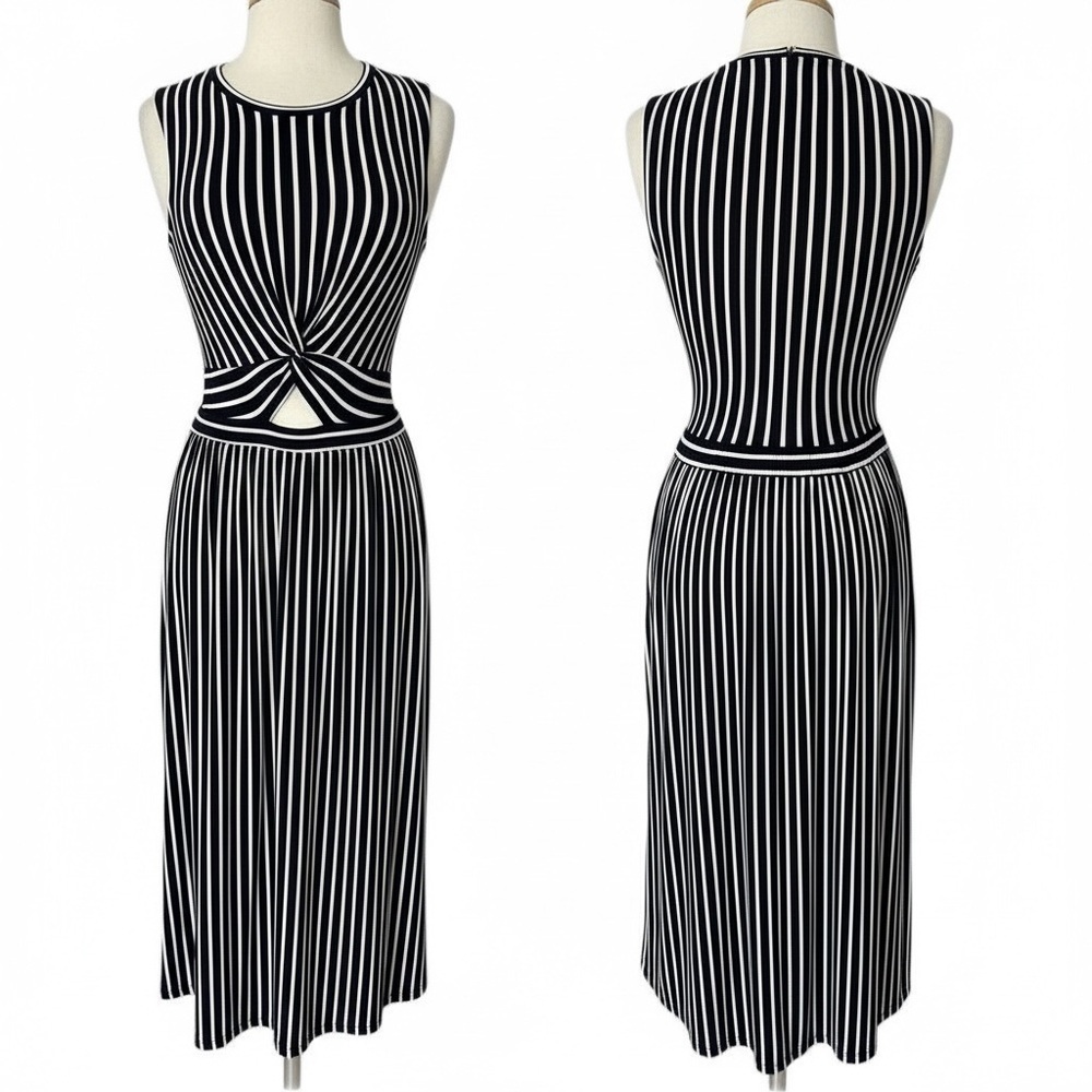 Warehouse Navy Blue Striped Midi Dress Sz 4 Cut Out Resort Wear Coastal Nautical